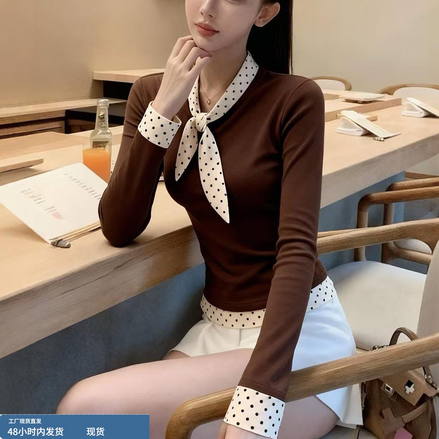 设计感波点蝴蝶结长袖打底衫女秋季新款韩系撞色假两件修身小上衣