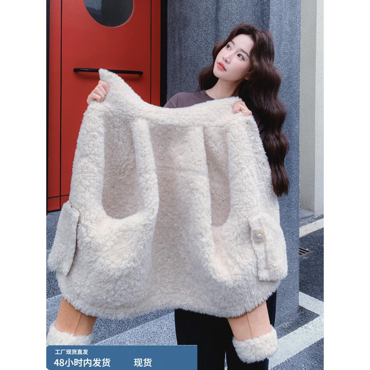 翻领羊羔毛外套女冬短款加绒加厚保暖小个子毛绒外套皮毛一体夹克