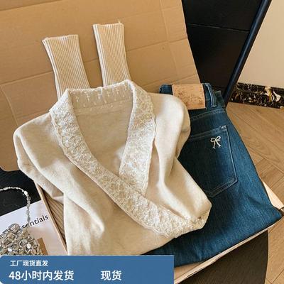自留款推荐~蕾丝拼接V领打底针织衫女冬季新款设计感别致漂亮毛衣