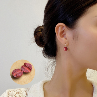 S925纯银朱砂耳挂保真紫金砂显白耳钉饰品简约古风汉服秀禾服配饰