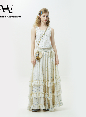 AHA爱侈艾·【薛凯琪同款】甜美花海褶皱花边背心蛋糕裙超长裙