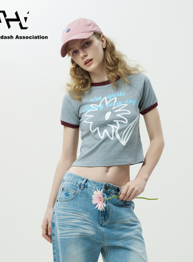 AHA爱侈艾·手绘涂鸦花卉印花凉感插肩袖撞色修身短款女短袖T恤