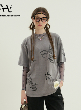 AHA爱侈艾·趣味懒狗涂鸦印花25春夏新款短袖宽松圆领百搭T恤