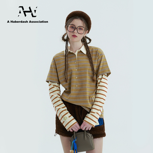 AHA爱侈艾· 百搭条纹拼色POLO复古上衣 徐艺洋姜妍艾米左奇函