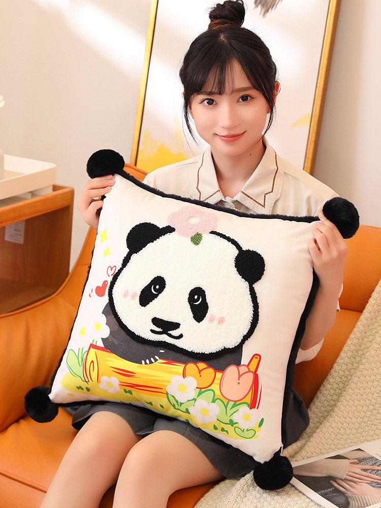 熊猫花花抱枕沙发客厅方形靠垫宿舍床头靠枕车用后排飘窗装饰摆件