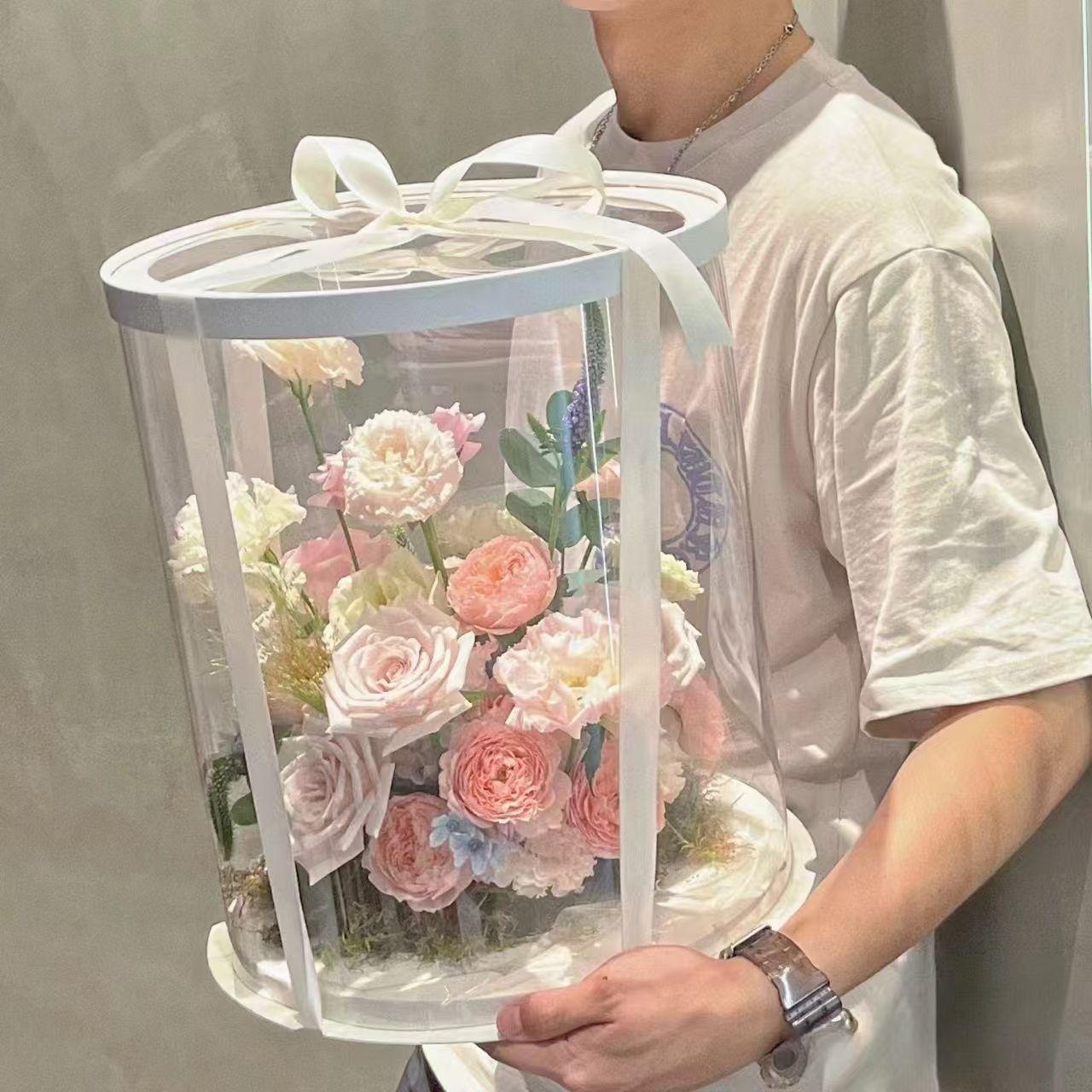 透明圆形礼盒蝴蝶花有钱花乐高鲜花防尘盒红色粉色金色银色加高