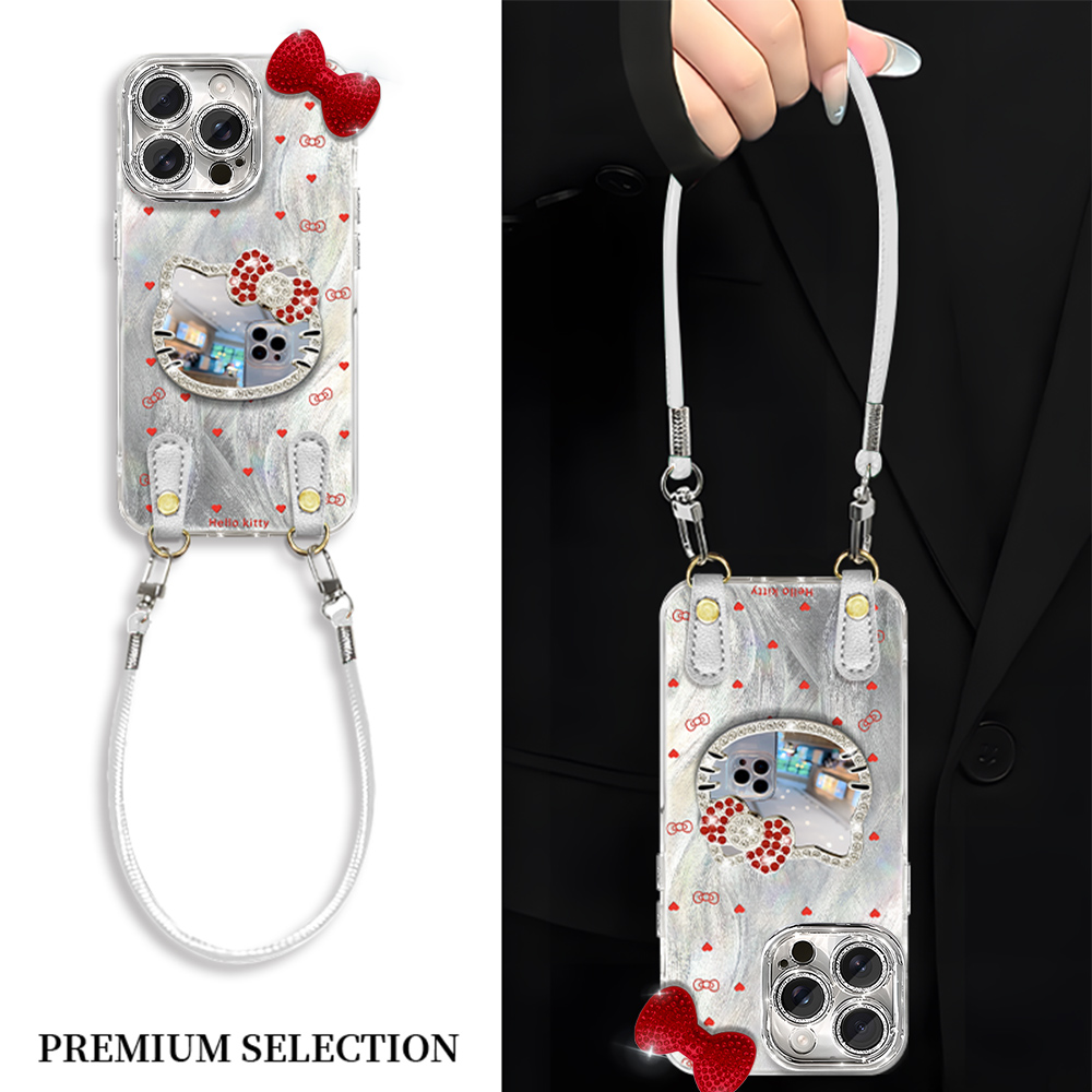 闪钻KT猫镜子适用苹果16promax手机壳华为mate60pro防摔Pura70小众荣耀100女款oppoReno14个性vivos20/小米15