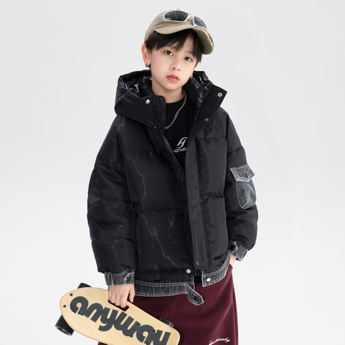 男童冬装镭射牛仔拼接防寒羽绒服