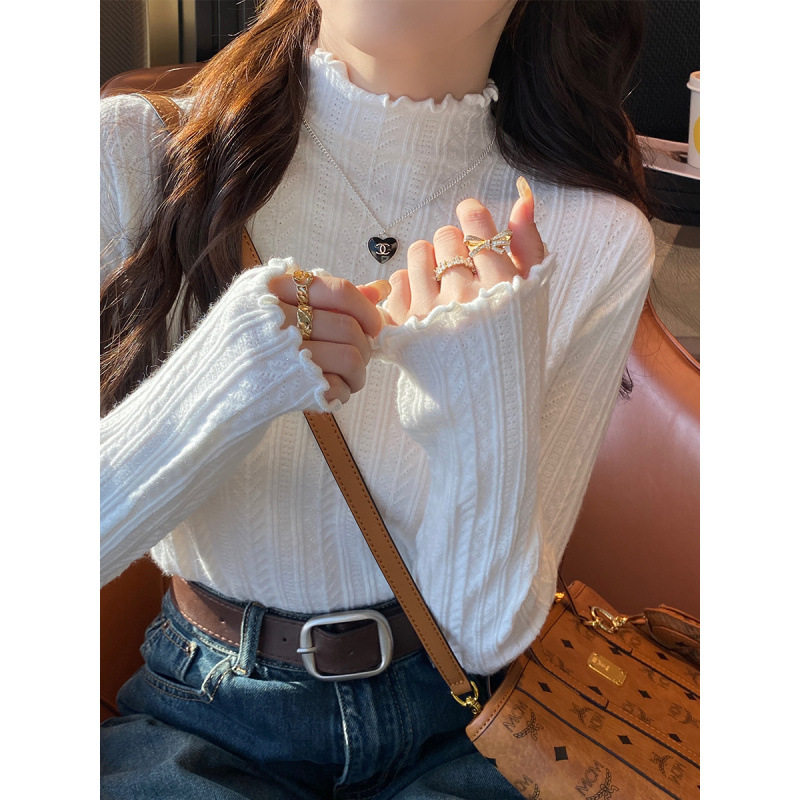 白色打底衫女秋冬季内搭2026新款半高领木耳边针织中领高级感毛衣