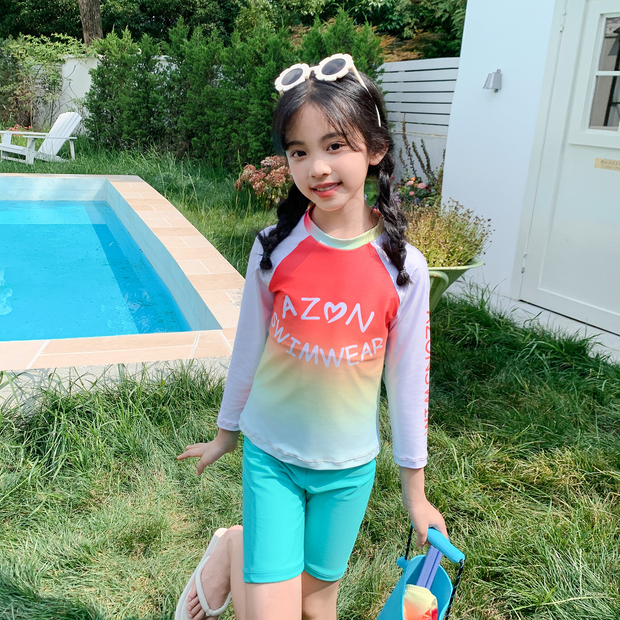 新款分体运动款女童泳衣中小童可爱洋气女孩水上乐园公主长袖防晒