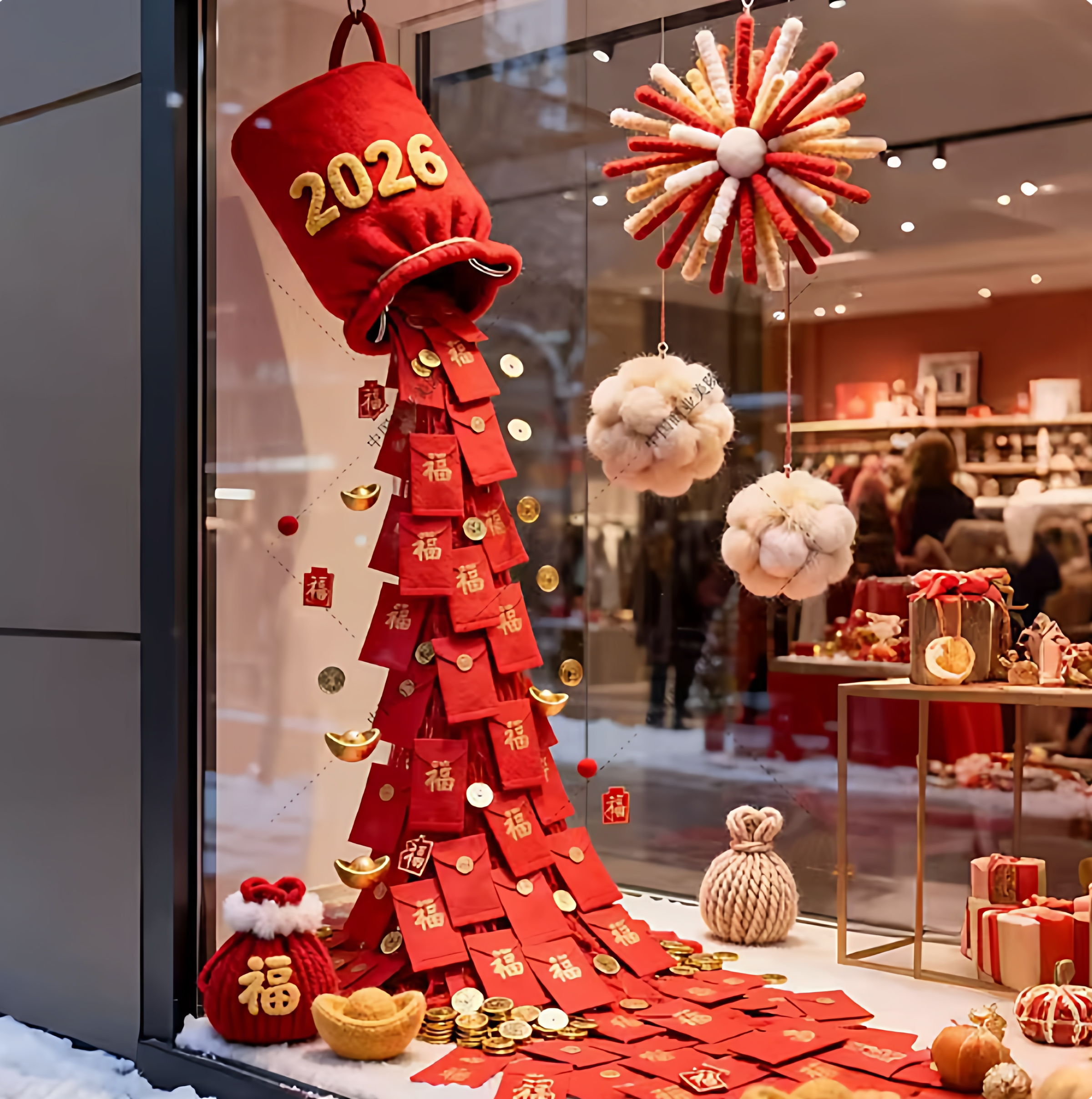 节日通用创意装饰2026新年福袋红包瀑布橱窗店铺装饰美陈布置商场,节庆用品/礼品,装扮布置套餐,淘宝优惠券,粉丝福利购,淘宝优惠卷