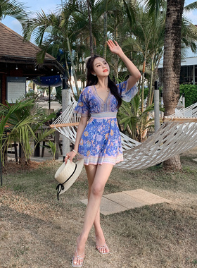 奇海62085分体裙式游泳衣女款碎花保守大码胖mm钢托聚拢显瘦遮肚