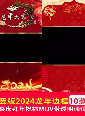2025龙年动态边框视频红色喜庆拜年祝福 MOV透明通道边框视频竖版