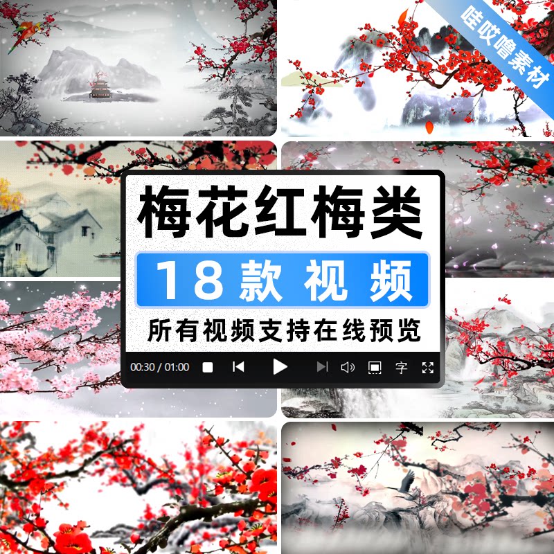 梅花红梅 中国风水墨 民族舞蹈 戏曲晚会LED大屏舞台背景视频素材