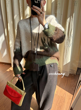 CCCHEUNG 1.10晚8 复古艺术感长绒拉毛拼色加厚套头宽松慵懒毛衣