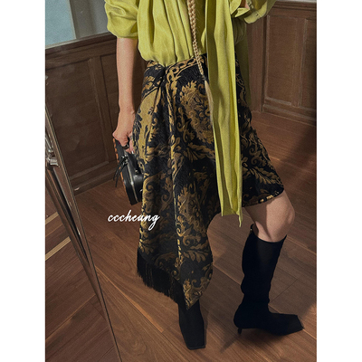 提花图腾一片式不规则流苏半裙