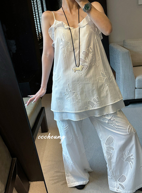 CCCHEUNG 7.08 南法度假定制镂空刺绣荷叶边双层吊带裙阔腿裤套装