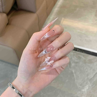 蜜桃色法式 中长款 猫眼蝴蝶结裸粉色穿戴甲 迷雾甜桃 MeilNail