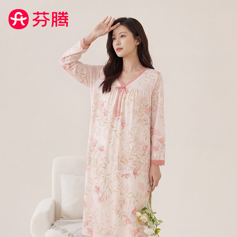 芬腾蕾丝边V领长袖睡裙女图片