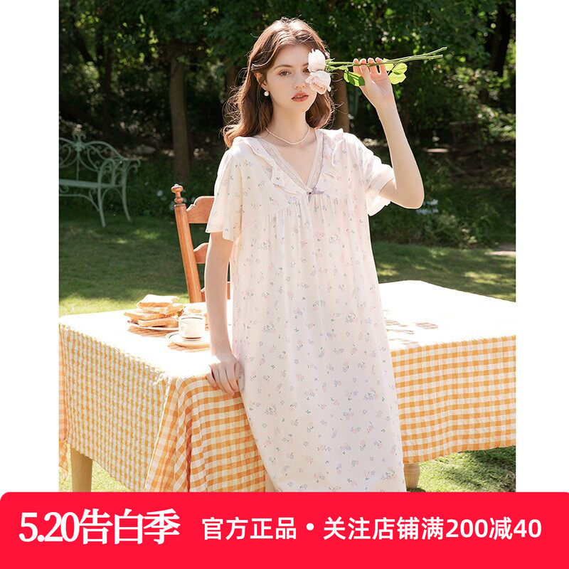 芬腾法式浪漫褶皱荷叶边夏新款纯棉花卉睡裙宽松舒适家居服可外穿
