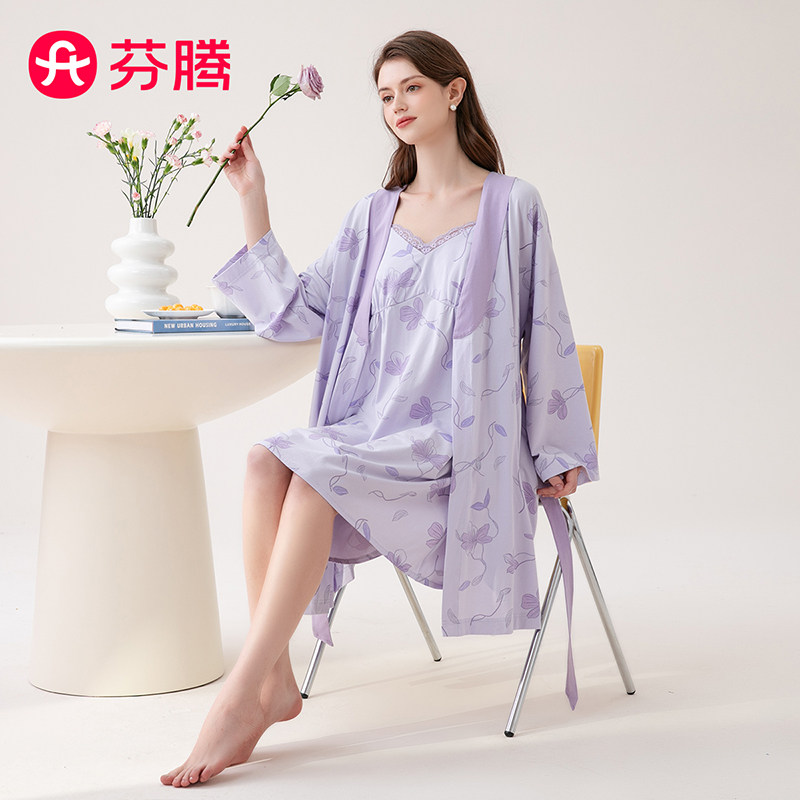 芬腾睡衣女纯棉长袖吊带睡裙两件套优雅印花性感家居服套装四季款图片