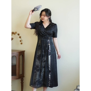 新中式 声雨竹夏慕娜大码 微胖mm减龄复古短袖 女装 旗 国风连衣裙夏季