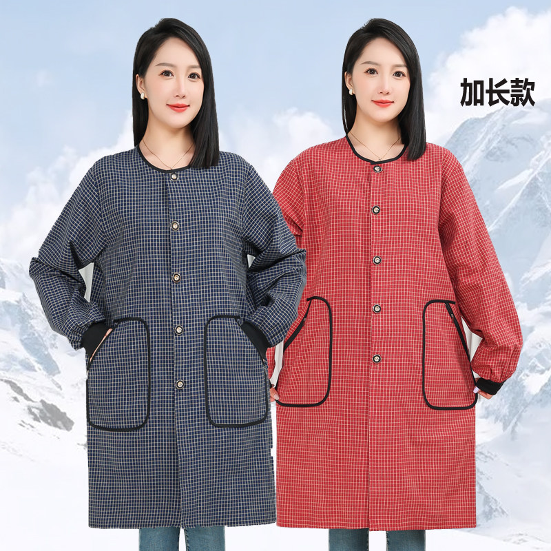 超长款系扣外穿罩衣套羽绒服长袖围裙纯棉家用干活上班时尚工作服