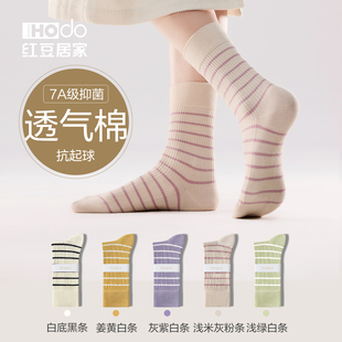 女士抗菌透气中筒袜子春秋冬条纹棉袜运动袜吸汗防臭百搭长袜