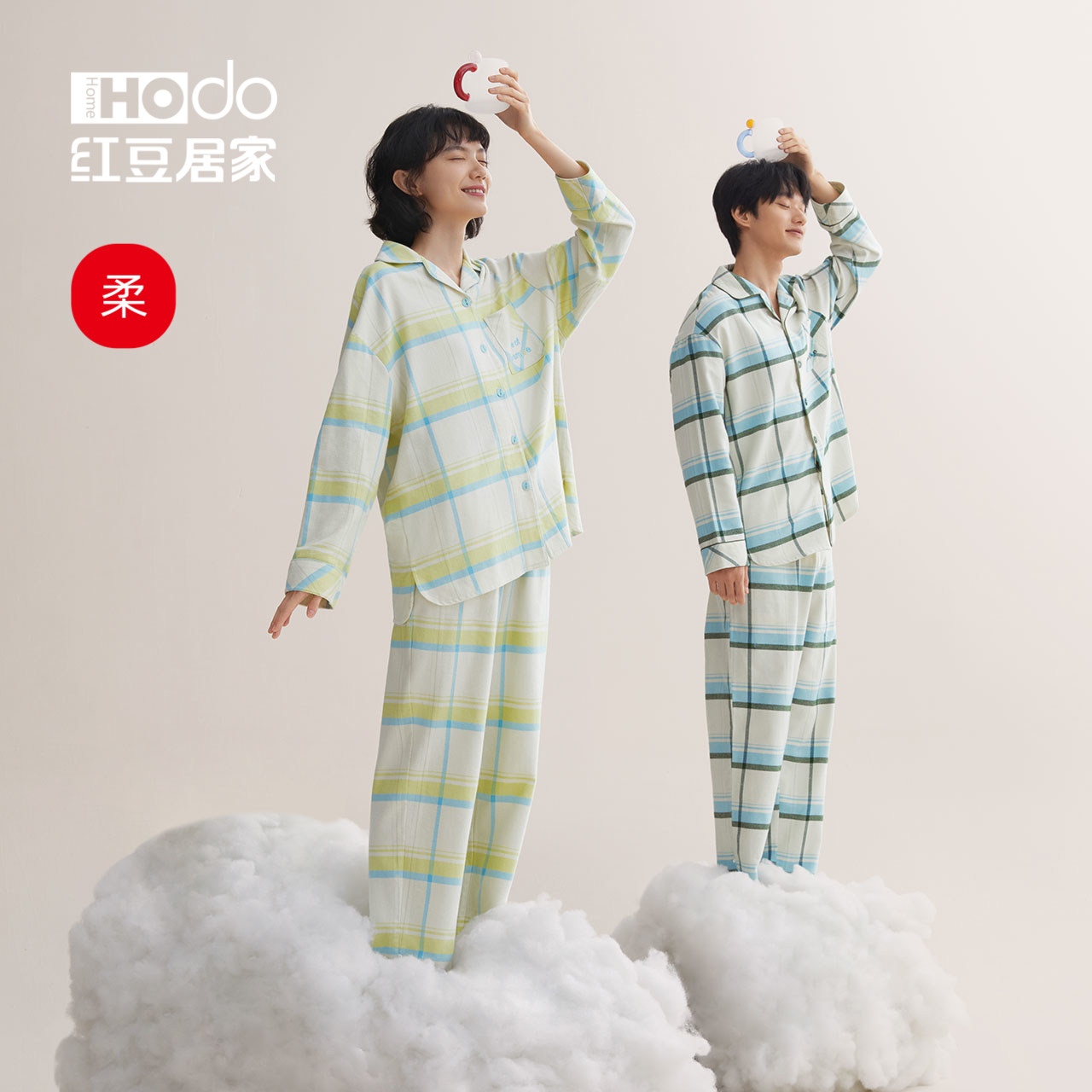 【柔感】红豆纯棉情侣睡衣女男士2022新款全棉磨毛家居服套装春秋