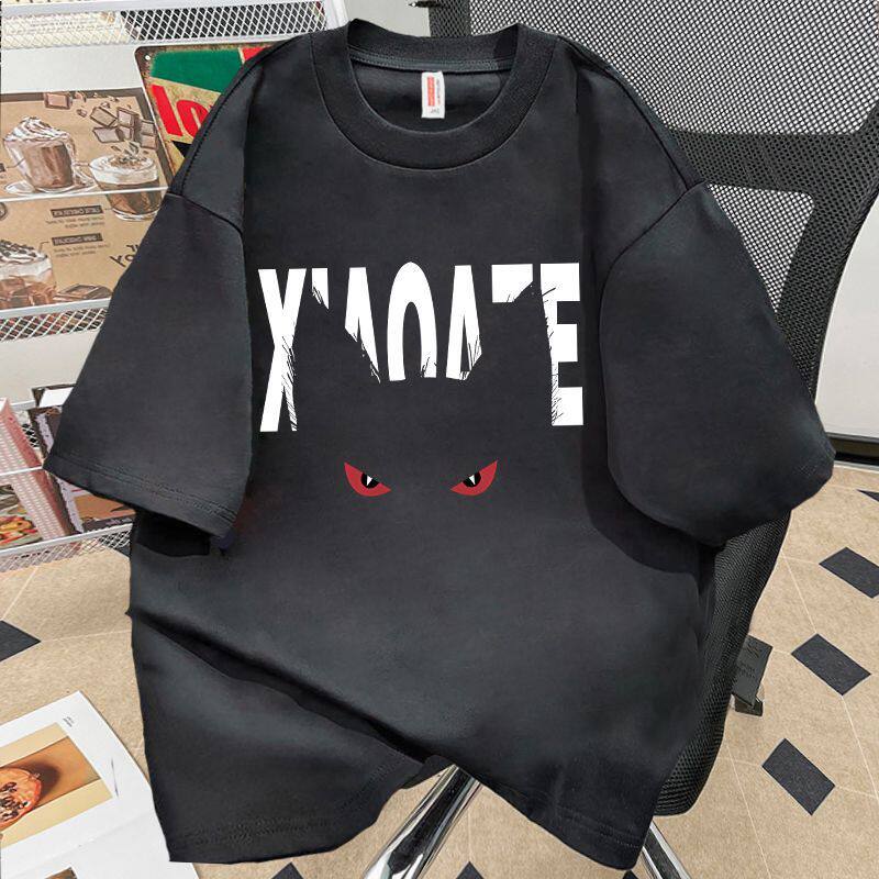 潮牌恶魔眼猫咪字母短袖T恤男女宽松纯棉黑色上衣百搭
