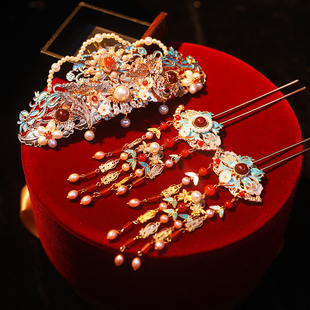 精品原创手工明制唐风烧发冠汉服新娘头饰华丽景蓝精致发梳古