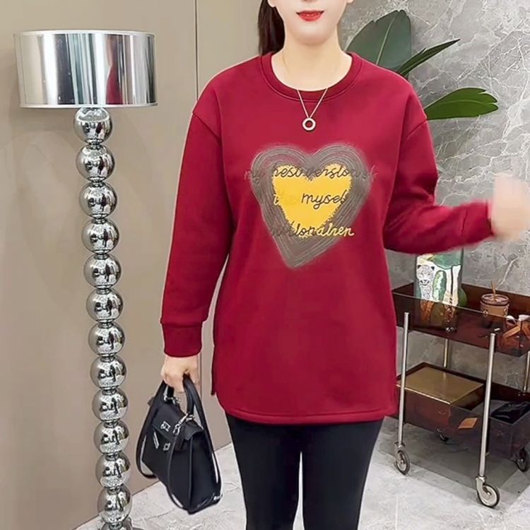 秋冬新款加绒保暖卫衣女刺绣爱心时尚洋气减龄侧开叉中长款大版衫