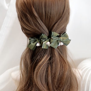 军绿色职业盘发头花精美后脑勺蝴蝶结网兜发夹工作空姐护士头饰