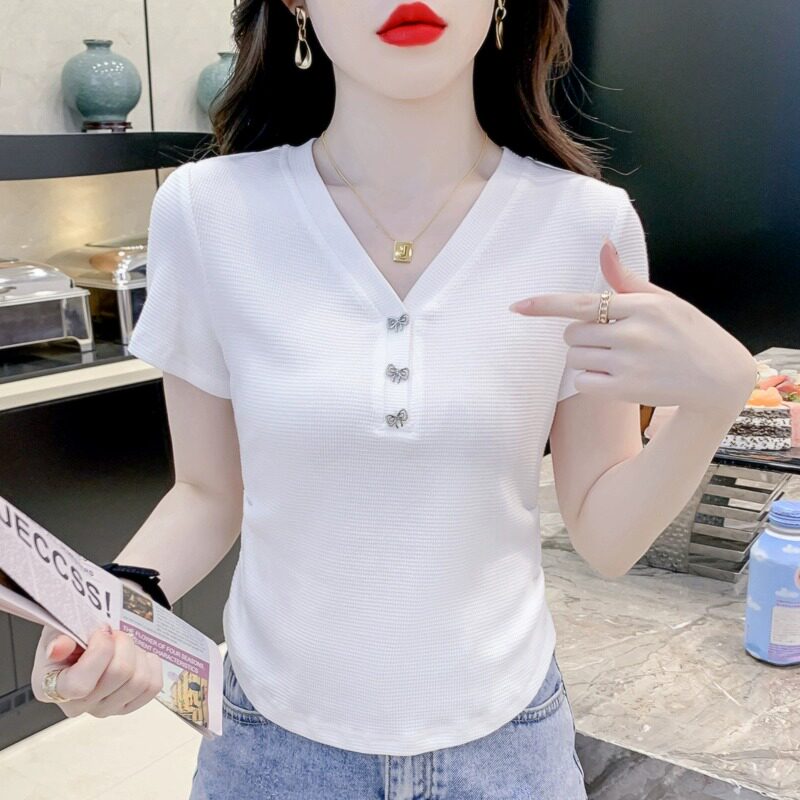 短袖V领T恤女夏季2026新款百搭修身不规则简约休闲短款打底衫上衣