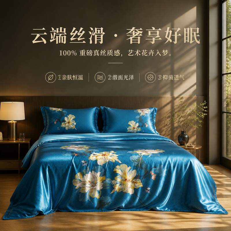 重磅真丝国风四件套20姆米100%桑蚕丝数码印花床品床单床笠套件