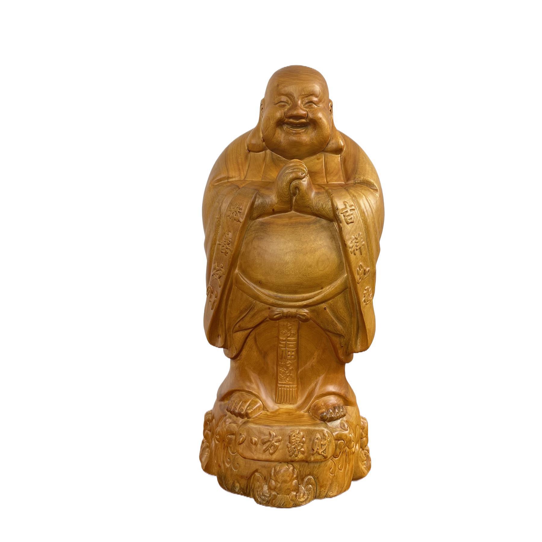 香樟木木雕摆件八方聚财弥勒佛笑佛手工雕刻家居办公供奉工艺品