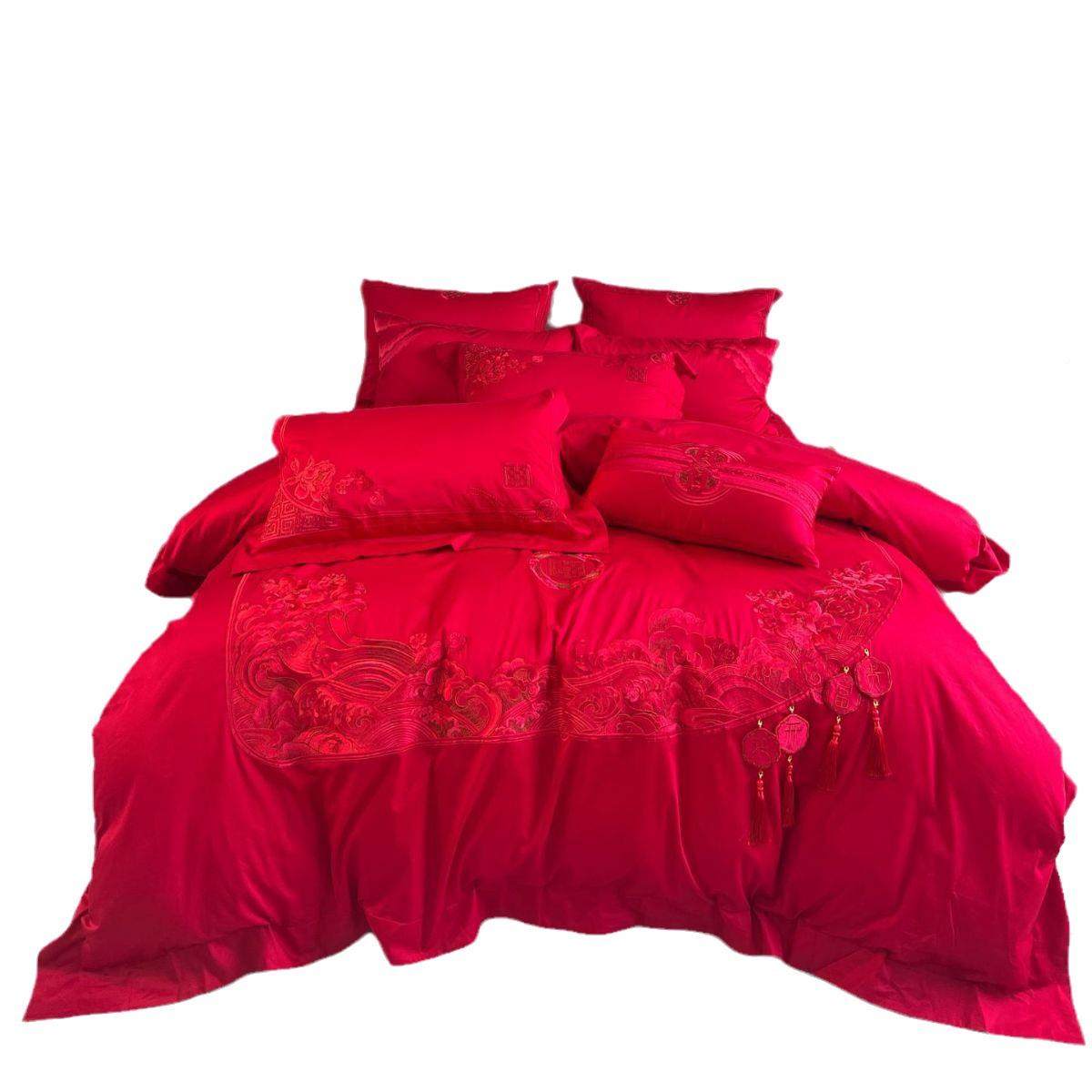 婚庆家纺色四件红套100长绒棉刺H114绣十件套结婚床上用品陪支嫁,床上用品,婚庆床品套件,淘宝优惠券,粉丝福利购,淘宝优惠卷