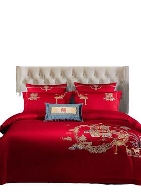 结婚床上用品100全婚棉中式婚庆件套红色刺H116绣房绣花喜四被被