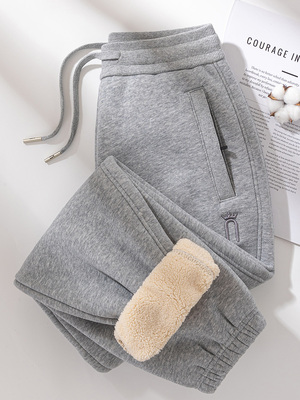 超厚保暖羊羔绒卫裤女加绒加厚冬季2024新款秋冬浅灰色外穿女裤子