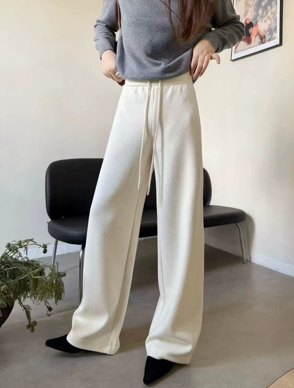2025冬季新款 松紧腰抽绳加绒加厚蚕丝绵羊毛直筒休闲裤