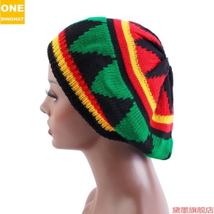 欧美条纹毛线帽圆顶帽朋克手工钩针纯牙买加雷鬼帽八角帽针织