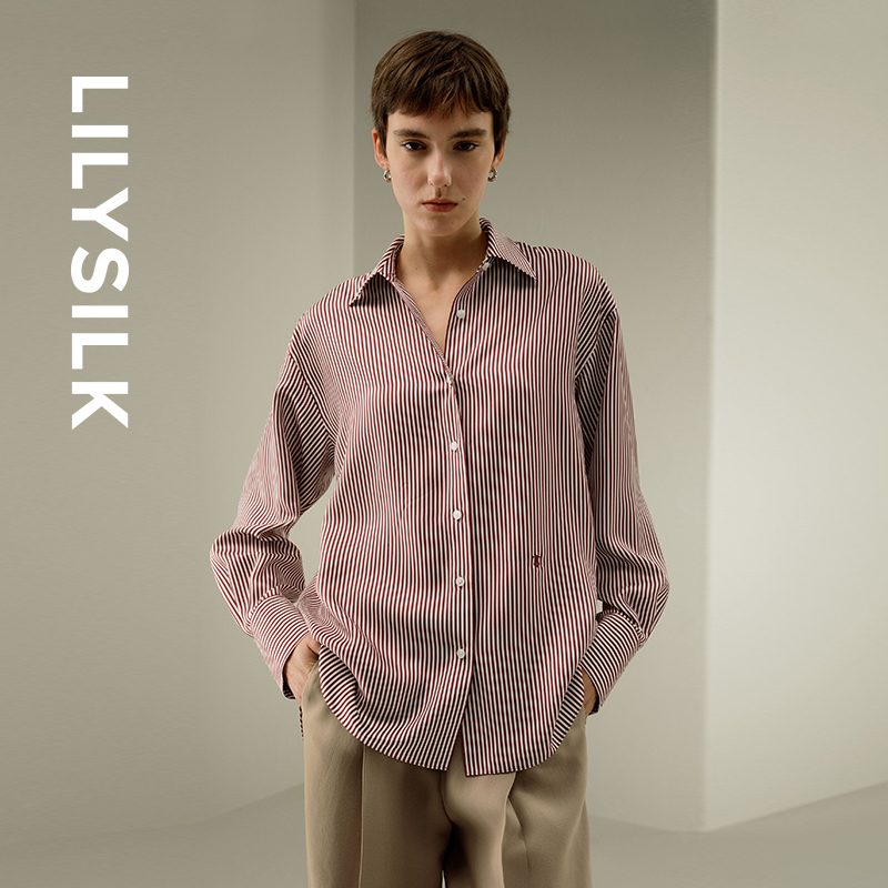 莉莉秀客LILYSILK桑蚕丝经典红白条纹印花慵懒简约衬衫上衣