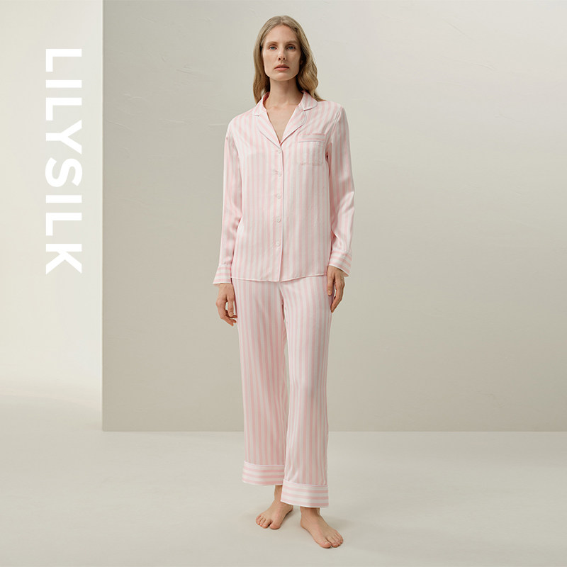 条纹印花长袖真丝睡衣莉莉秀客春夏贝母扣时尚家居服套装LILYSILK