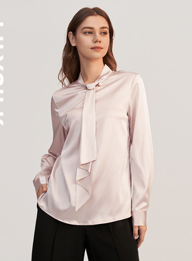 LILYSILK莉莉秀客真丝飘带衬衫女桑蚕丝长袖显瘦宽松蝴蝶结衬衣女