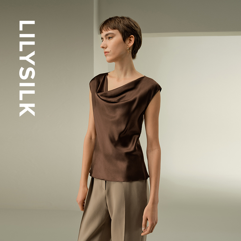 【可机洗】莉莉秀客LILYSILK春夏桑蚕丝斜肩修身气质露肩短袖上衣