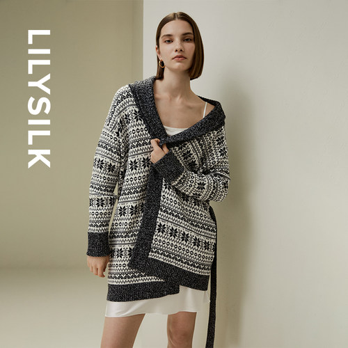 莉莉秀客LILYSILK美丽诺羊毛节日氛围感长款开衫雪花提花毛衣秋冬