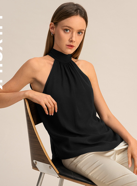 莉莉秀客挂脖无袖真丝上衣女LILYSILK宽松舒适系带100%桑蚕丝t恤