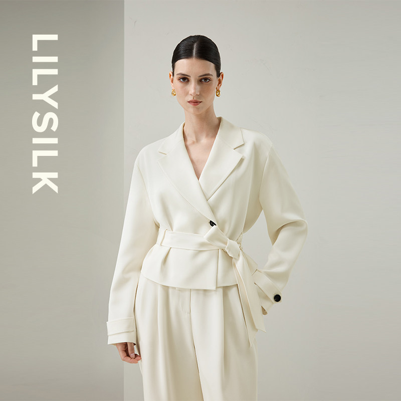 法式翻领系带短西装莉莉秀客落肩宽松收腰通勤气质短外套LILYSILK