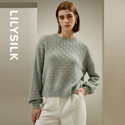 莉莉秀客LILYSILK秋冬新品圆领羊绒桑蚕丝混纺简约套衫毛衣