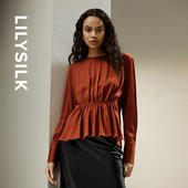 莉莉秀客LILYSILK桑蚕丝长袖 抽褶收腰衬衣优雅纯色衬衫 女士上衣